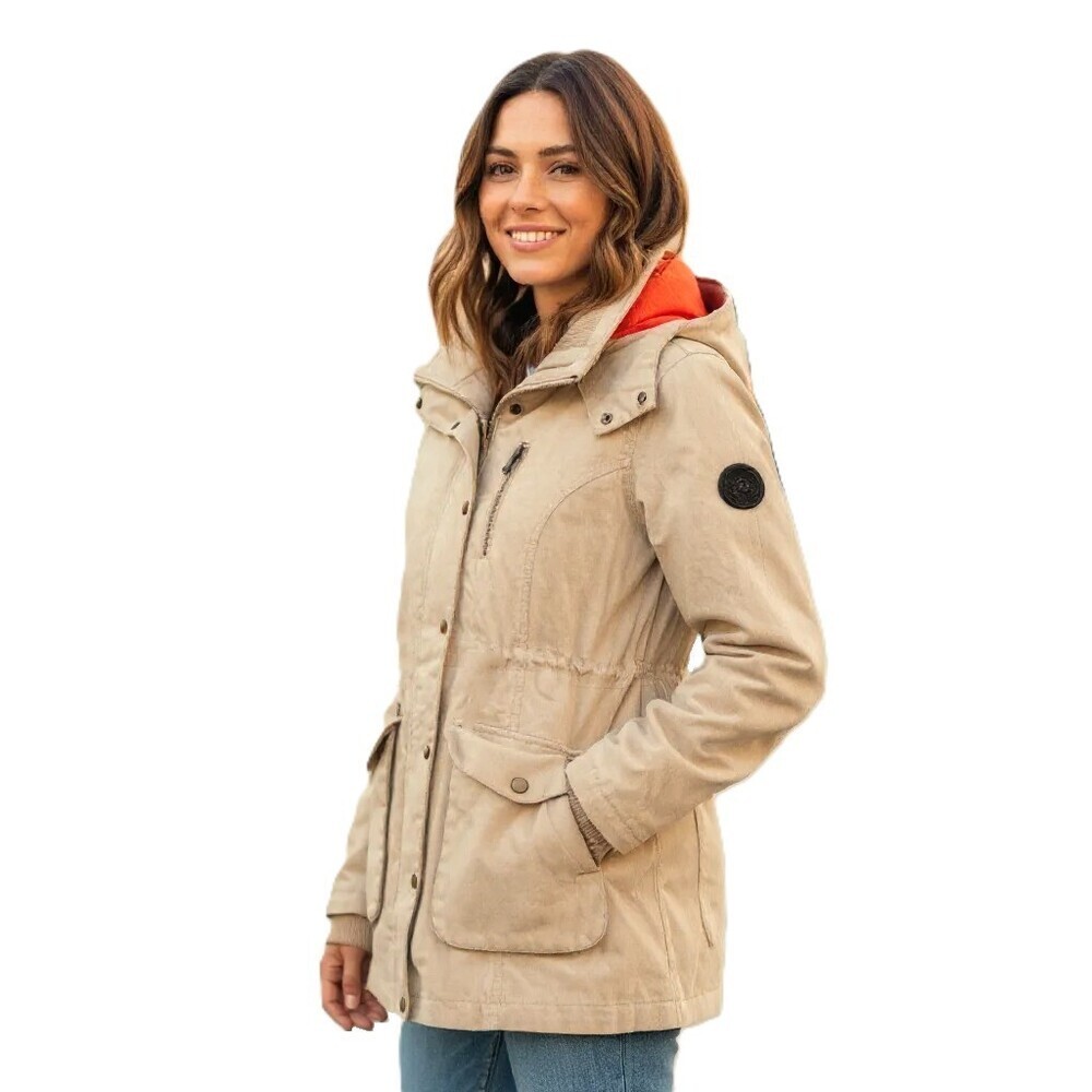 Vans Women’s Hooded Coat M Large Pockets Beige Red Lining Zip + Snaps
